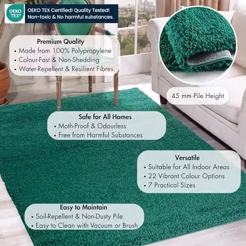 Serdim Rugs Plain Green Shaggy Living Room Area Rug, W: 200 cm, D: 290 cm – 2