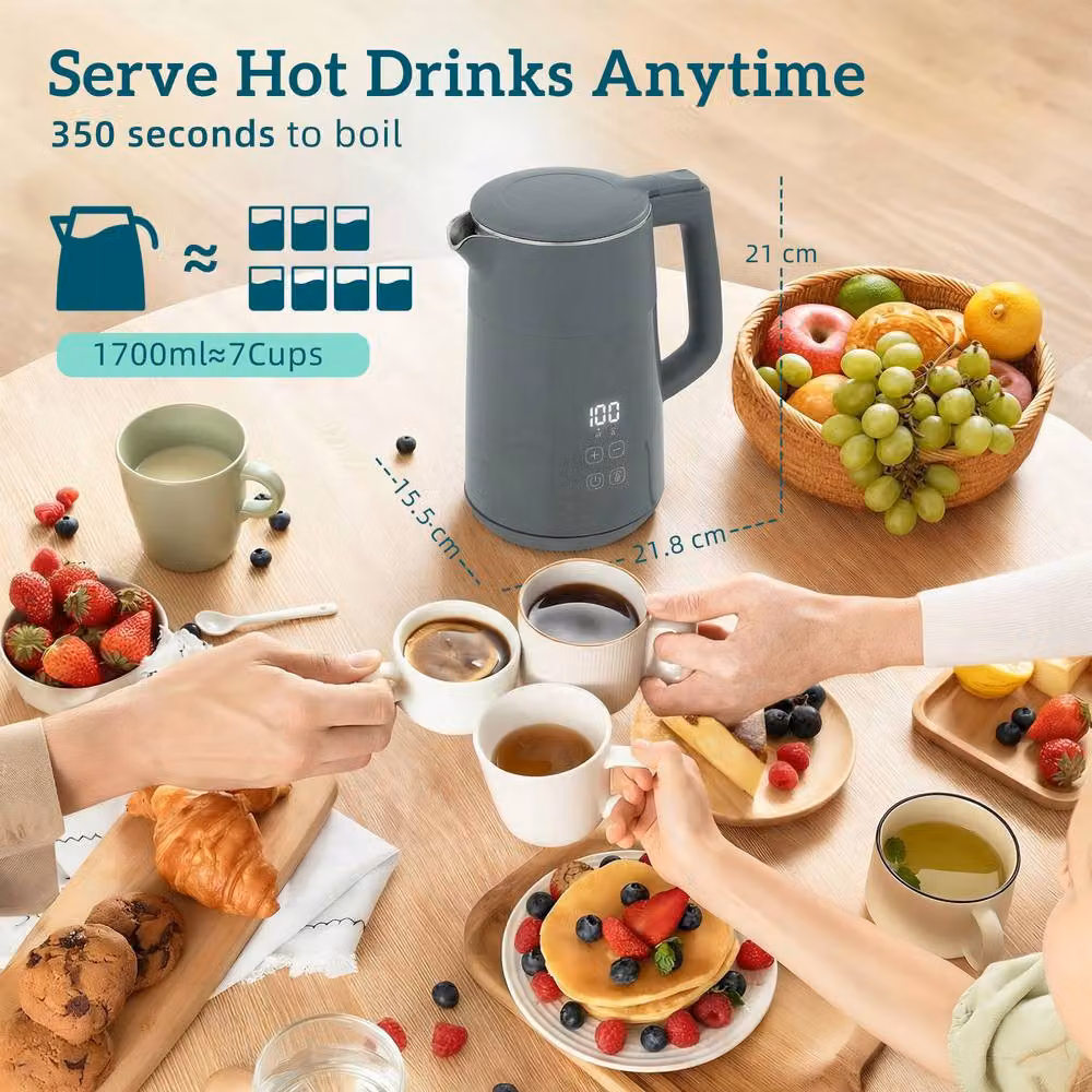 HOMCOM 1.7 l Fast Boil 3000W Electric Kettle with LED Display in Grey – 3