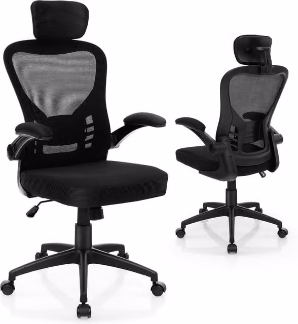 Costway Ergonomic Swivel Computer Desk Chair with Headrest and Armrests in Black Fabric
