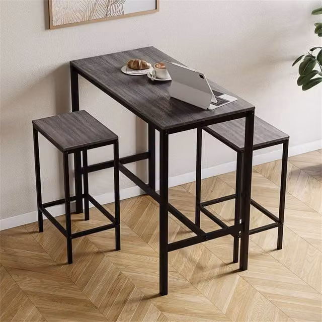 PAWNORA Modern Wooden Bar Table and Stool Set in Grey