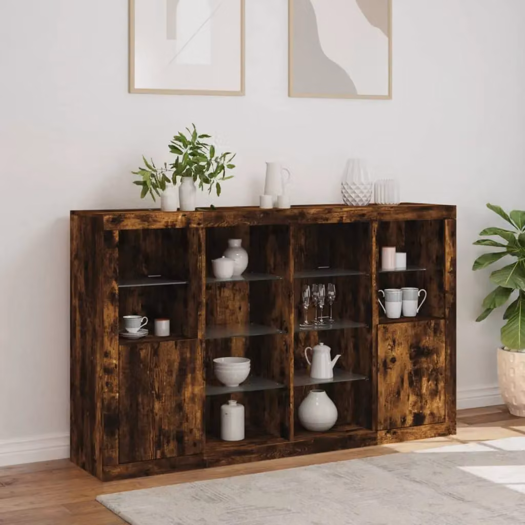 Berkfield Home Set of 3 Modern Smoked Oak Sideboards with Integrated LED Lighting in Brown – 4