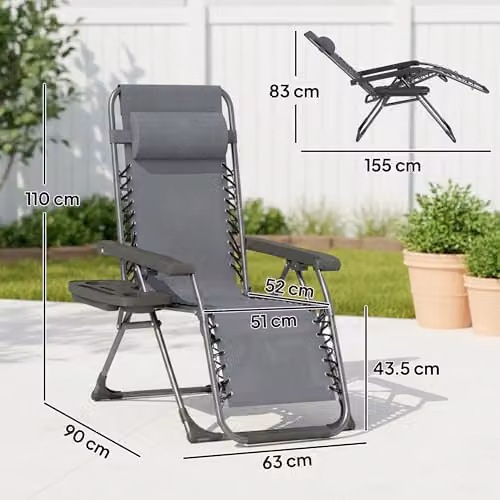 Outsunny Set of 2 Zero Gravity Garden Chairs in Grey with Adjustable Headrest, Side Tray and Cup Holders – 7
