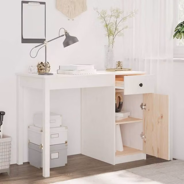 Berkfield Home Beautiful White Writing Desk in Solid Pine, W/D/H: 100 x 50 x 75 cm