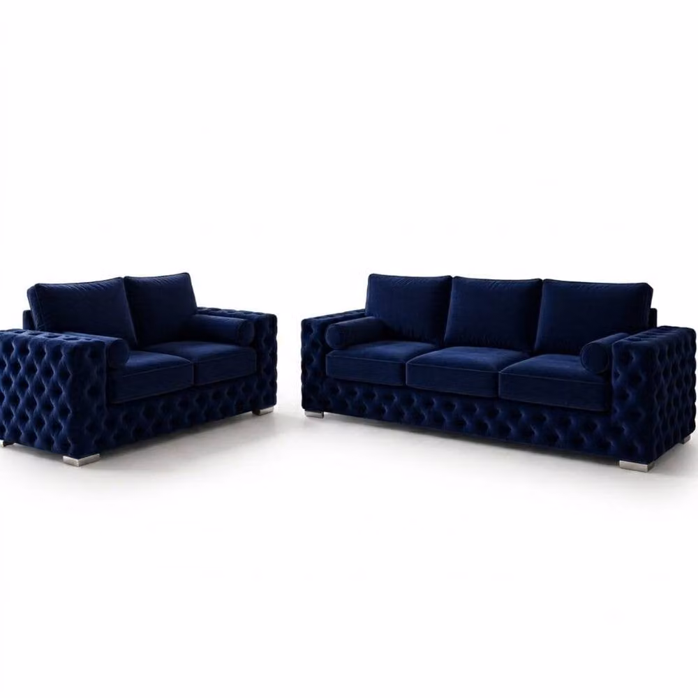 Stratus Interiors Ashley Full Back Chesterfield Upholstered Fabric 2 and 3 Seater Sofa Set in Navy Blue – 2