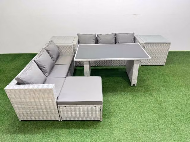 Fimous 7-Seater Patio Rectangular Table and Sofa Set with 2 Side Tables and Big Stool in Light Grey