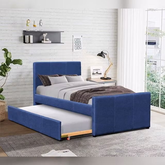 Comfy Living Ltd Blue Upholstered Fabric 3ft Single Bed Frame with Trundle, W: 90 cm, D: 200 cm