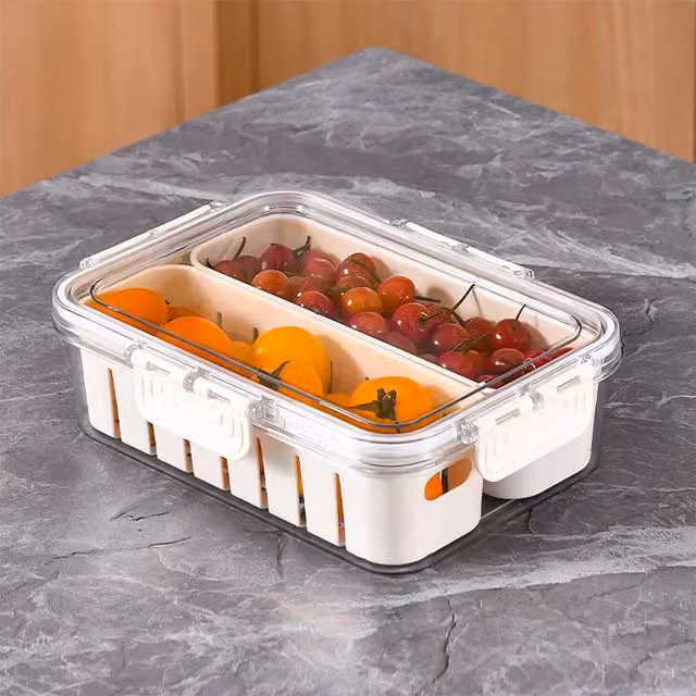 Livingandhome Airtight and Leakproof Plastic Fridge Storage Container with Two Compartments, White