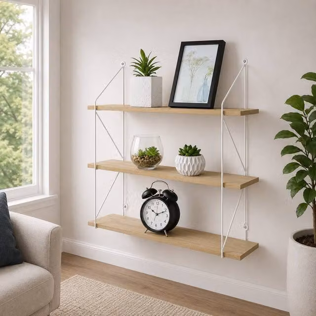 SPOT ON DEALZ 3 Tier Floating Wall Shelf with White Metal Frame and Light Oak Wooden Bookcase Unit