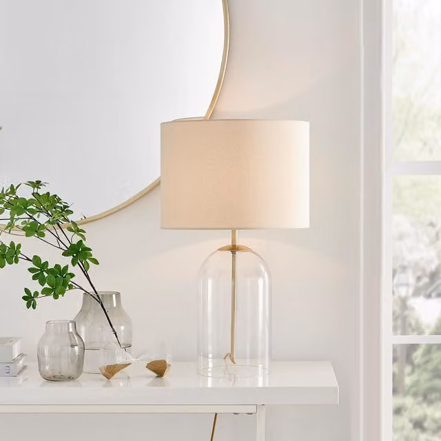 FurnitureboxUK Nora Modern Table Lamp with Clear Glass and Beige Fabric Shade, Gold/Brass Base, Includes Bulb