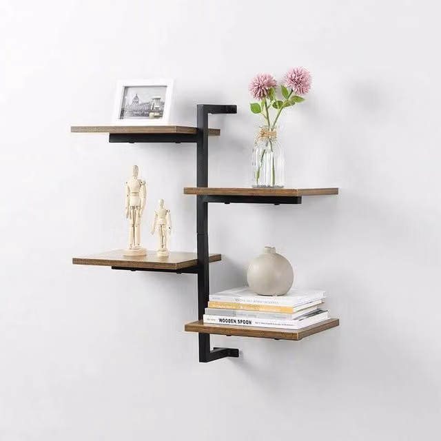 FLAVORA 4 Tier Floating Wall Mounted Display Shelf in Natural Wood and Black Metal, W: 60 cm, H: 60 cm, D: 26 cm