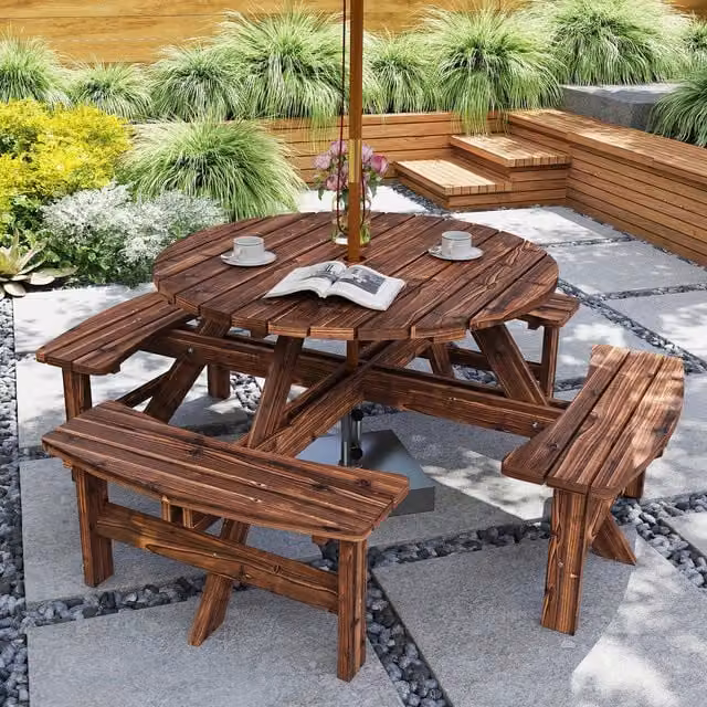 Outsunny Round Wooden Picnic Table and Bench Set in Brown