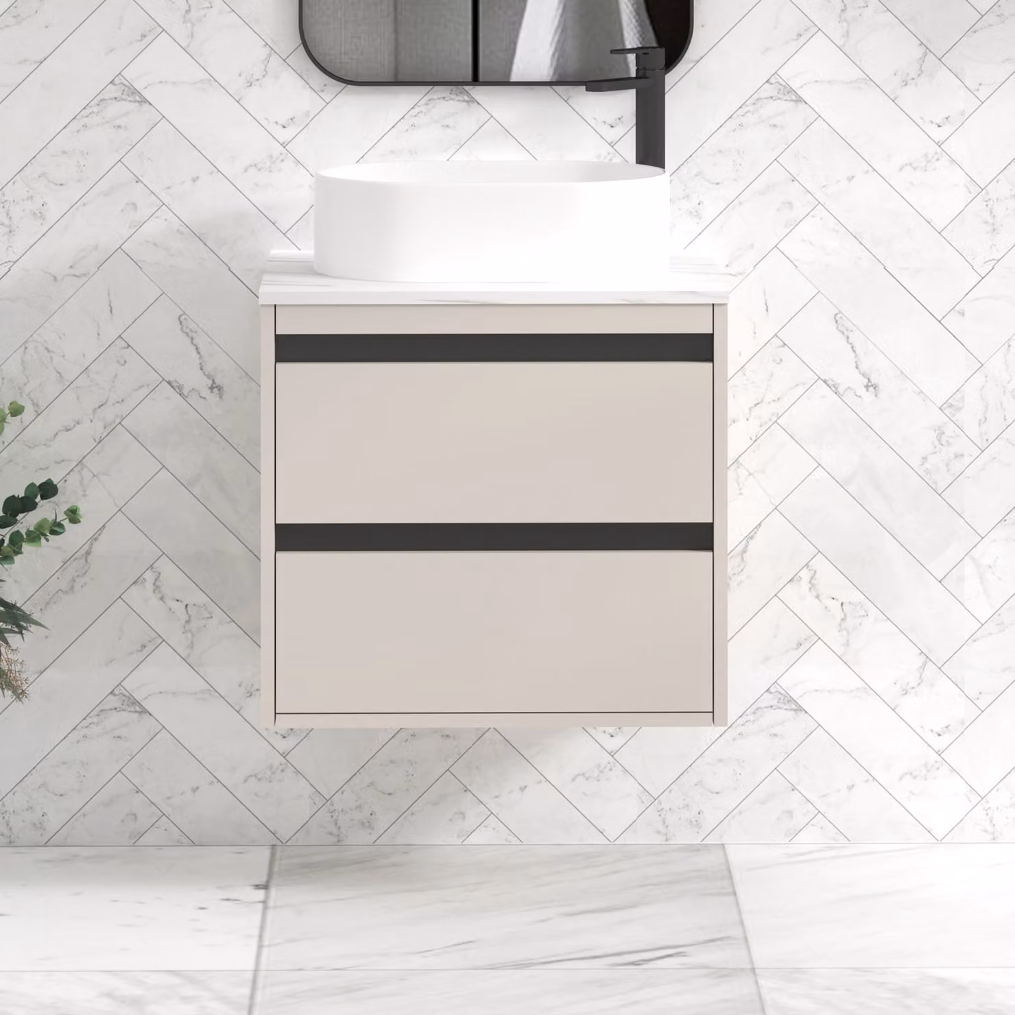 Royal Bathrooms Orion 600mm Warm Taupe Wall Hung Countertop Vanity Unit with 2 Drawers, Peak Basin and Black Accent Trim