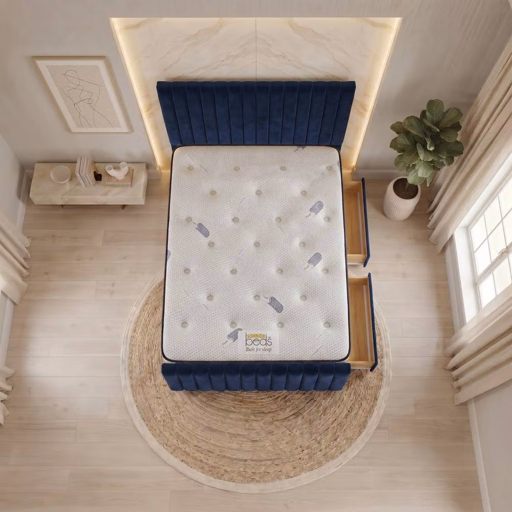 Somnior Eleanor Velvet Divan Bed with 2 Drawers and Hybrid Mattress in Blue, W/D/H: 90 x 190 x 55.88 cm – 2