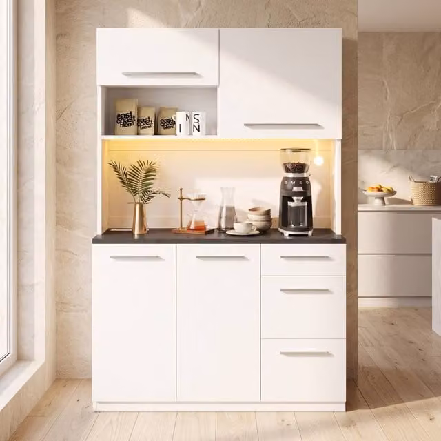 STILVORA Modern White Tall Storage Cabinet with Glass Doors and Integrated Lighting, W/D/H: 120 x 40 x 180 cm – 1