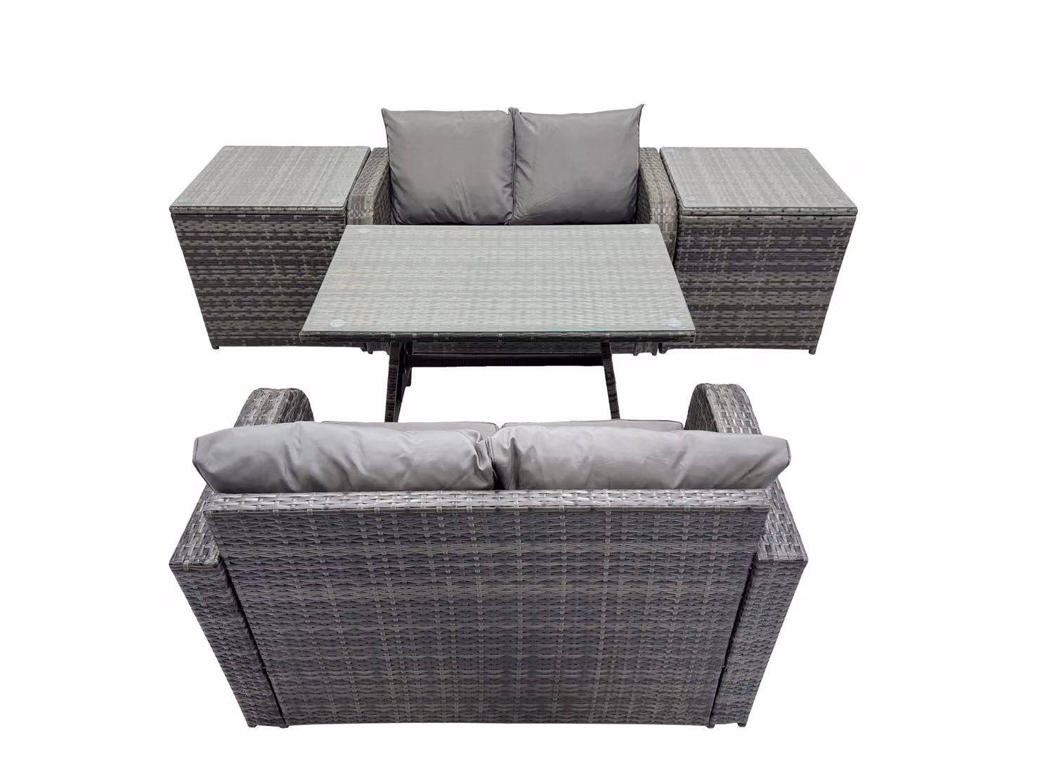 Fimous 4 Seater Rattan Sofa, Oblong Dining Table and 2 Side Tables in Dark Grey – 2