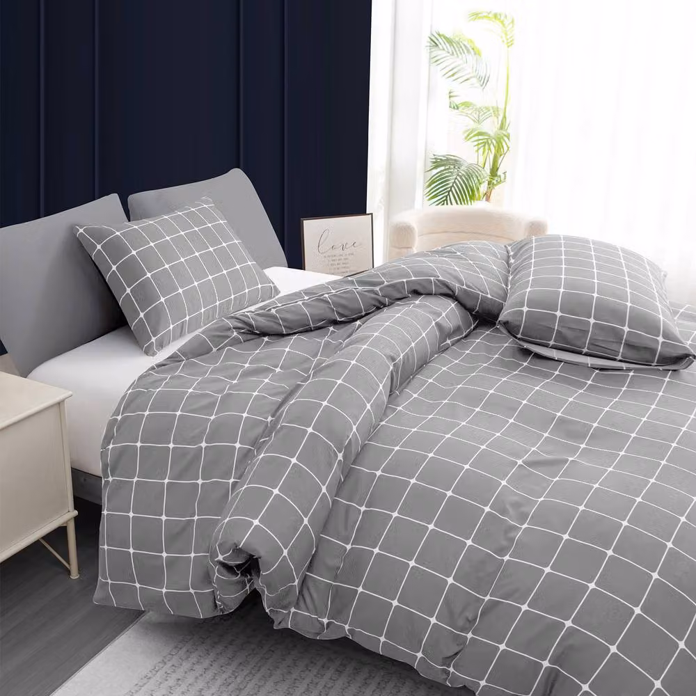 Lazzaro Home Super King Reversible Checked Microfibre Duvet Cover and Pillowcase Set in Grey – 3