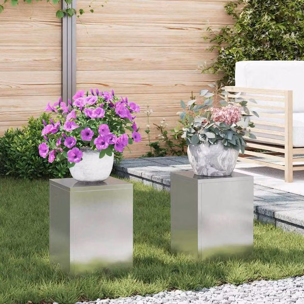 Berkfield Home Outdoor Plant Stand Pillars, 2 Piece Set, Silver Stainless Steel, W/D/H: 24 x 24 x 35 cm – 1