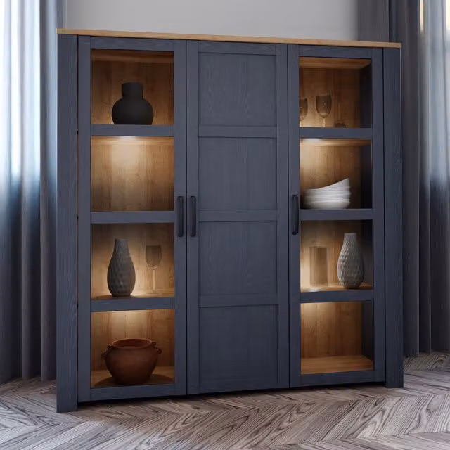 Furniture To Go Bohol Large Display Cabinet with LED Lights in Navy Riviera Oak