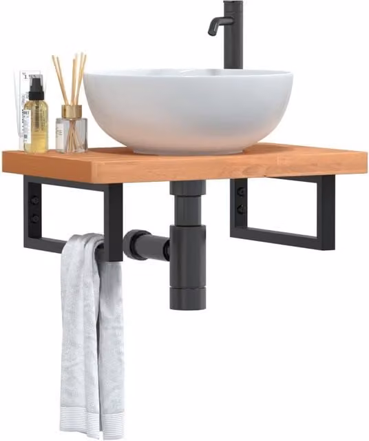 Berkfield Home Wall Mounted Basin Shelf in Brown Steel and Solid Beech Wood