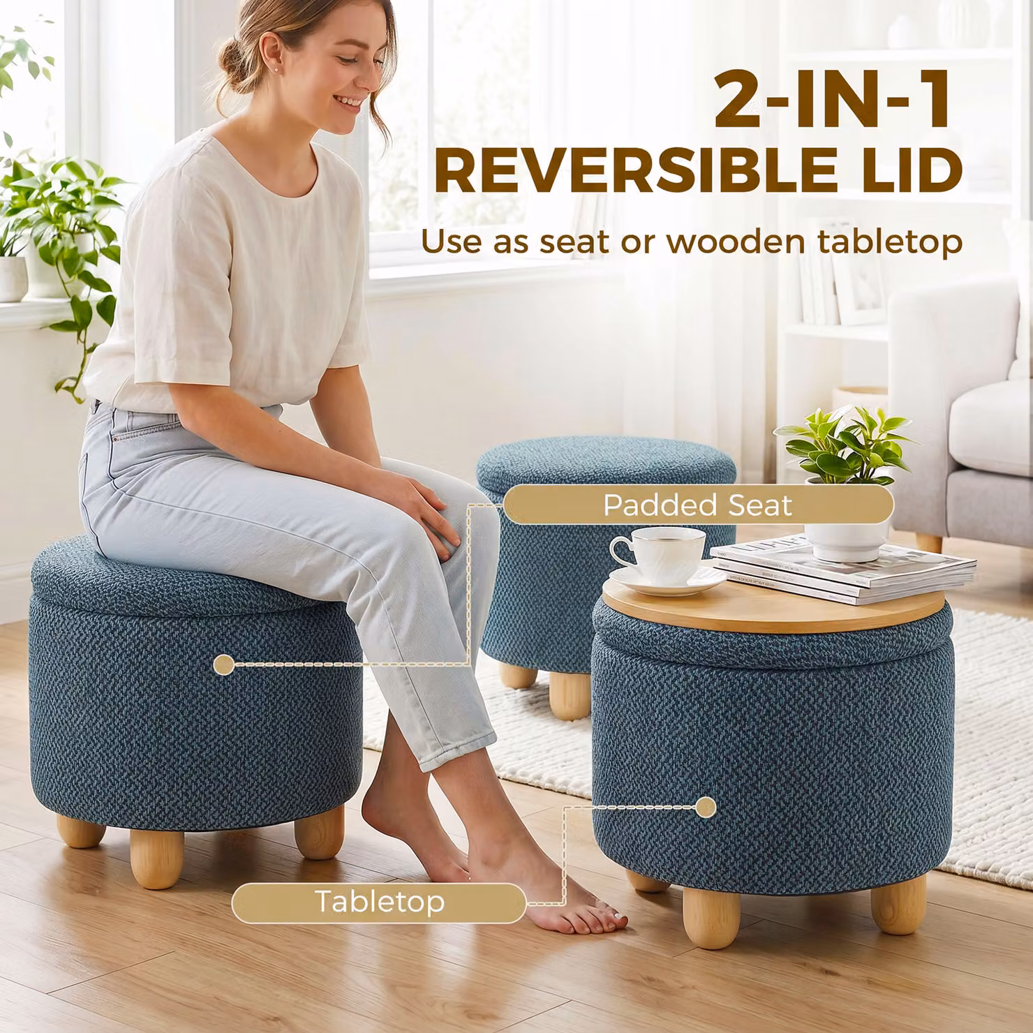 HOMCOM Round Storage Ottoman Sitting Bench with Lid and Rubberwood Legs, Dark Blue – 4