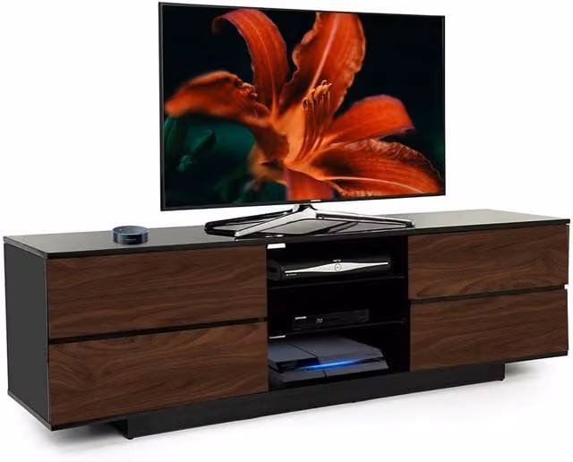 AVITUS TV Cabinet for up to 65 inch TVs in Black Walnut with Glass Details, W/D/H: 158.0 x 40.0 x 48.0 cm