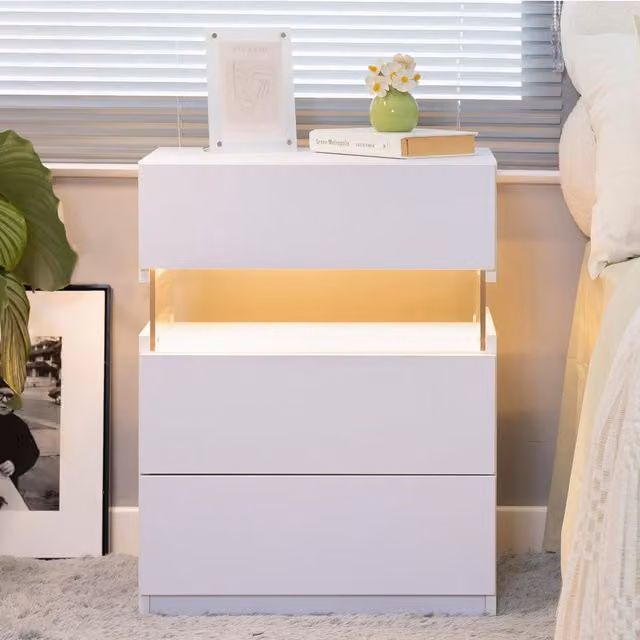 Aosom White Modern LED Bedside Table with 3 Drawers and Remote-Controlled RGB Lighting, W/D/H: 37.5 x 50 x 60 cm – 1