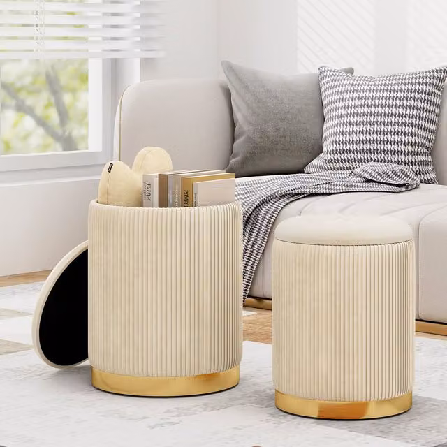 Costway Set of 2 Modern Cylindrical Velvet Storage Ottomans in Beige