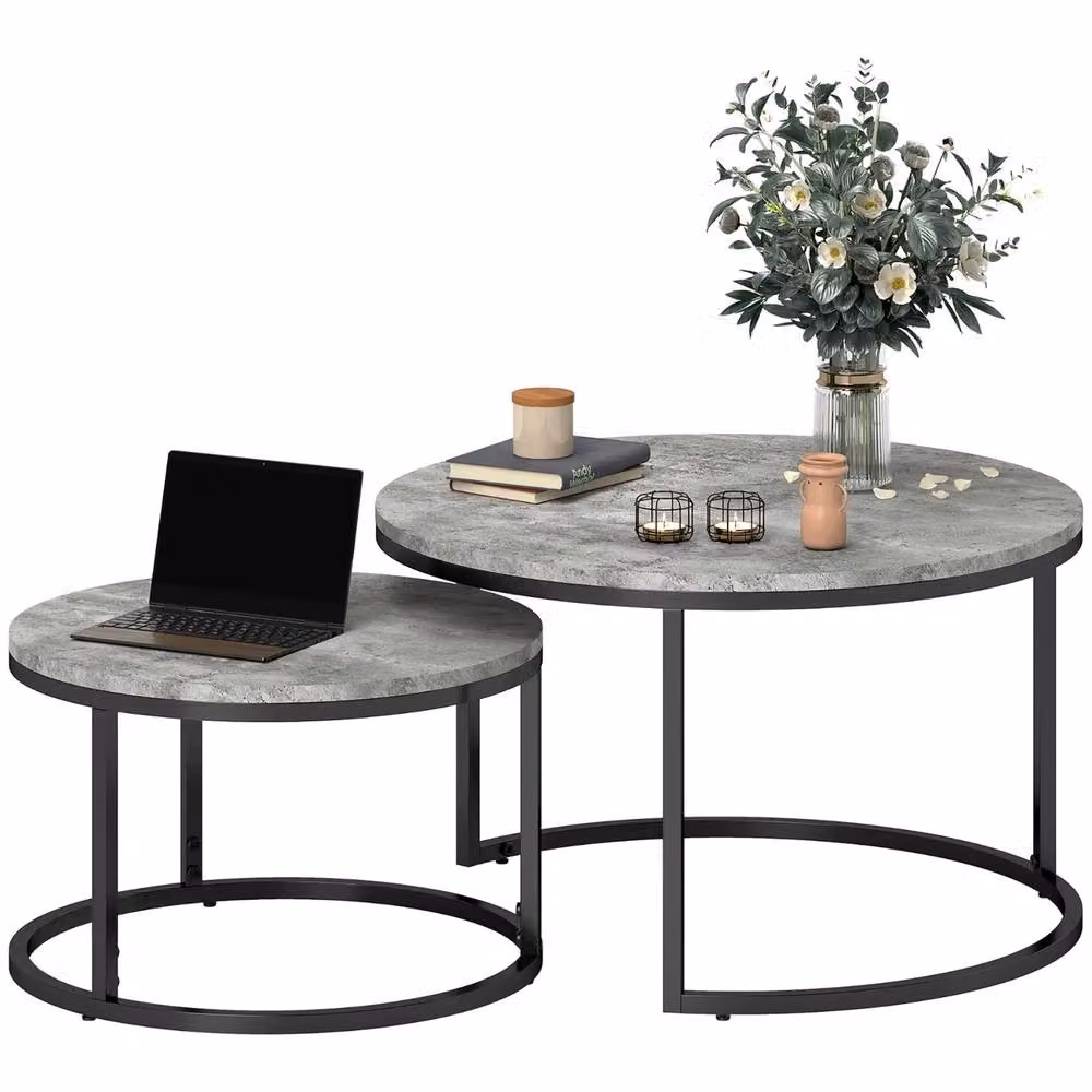 FURNOS 2-Piece Nesting Tables with Grey Faux Marble Tops and Black Metal Bases – 6