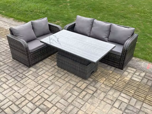Fimous Outdoor Rattan Garden Furniture Set with Height Adjustable Dining Table and Lounge Sofa in Dark Grey