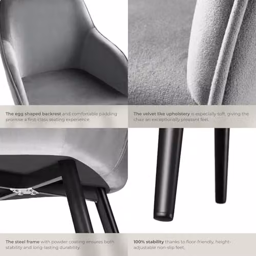 tectake Marilyn Dining Chair with Armrests in Grey and Black Velvet Look – 6