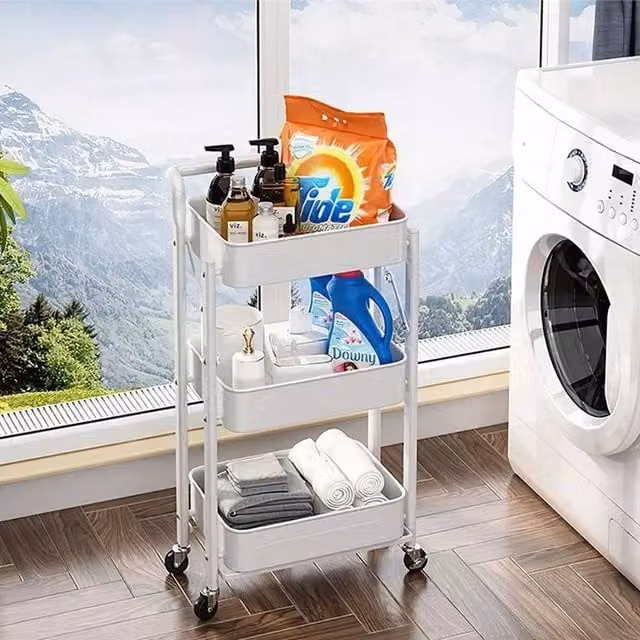 EONLION White 3 Tier Folding Metal Storage Trolley Cart with Rolling Shelves