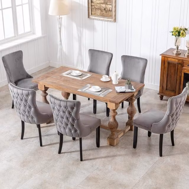 HomeTouch Sierra Set of 6 Grey Velvet Tufted Wing Back Dining Chairs with Oak Wood Legs – 1