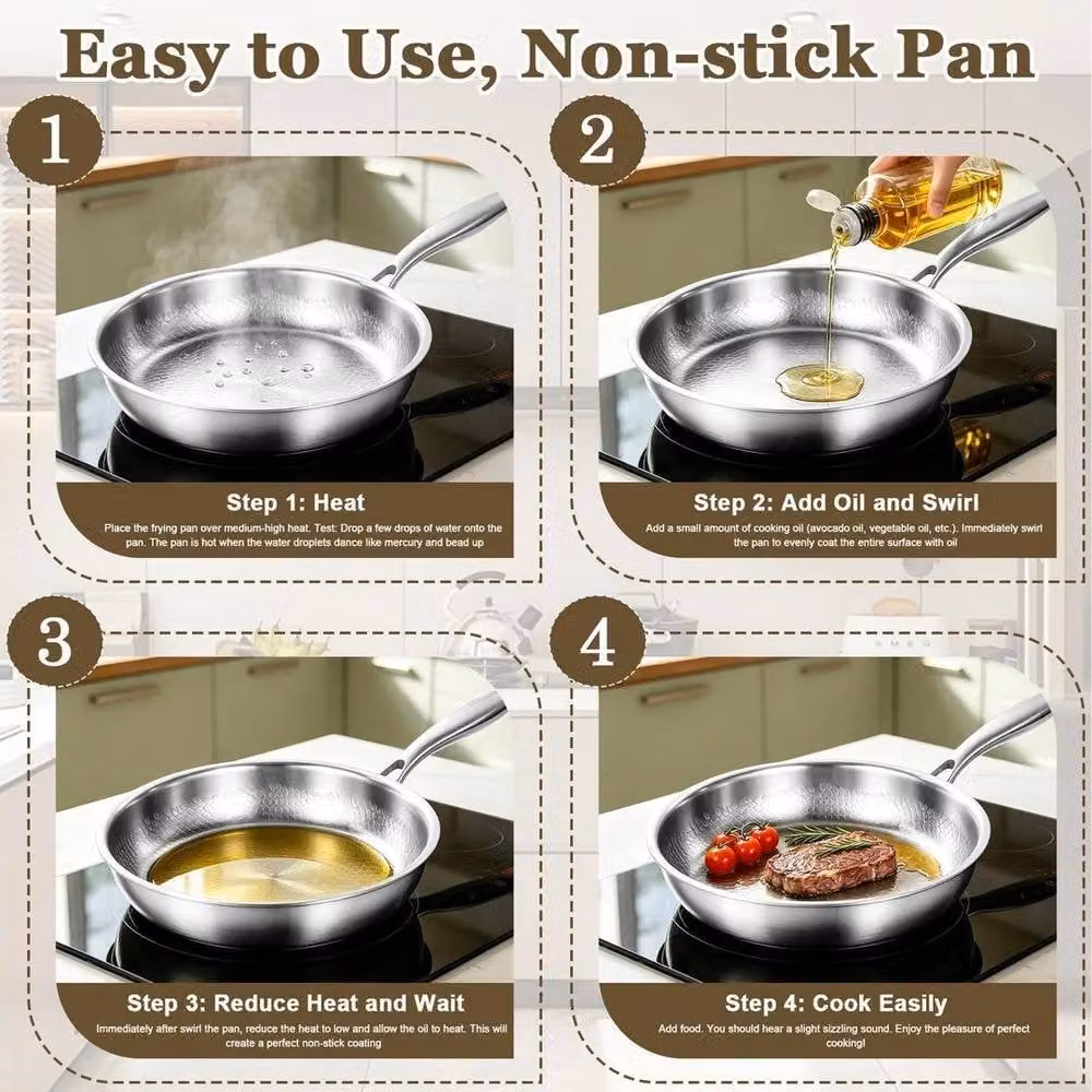 EONLION Stainless Steel Non-Stick Frying Pan, Silver, 28 cm – 3