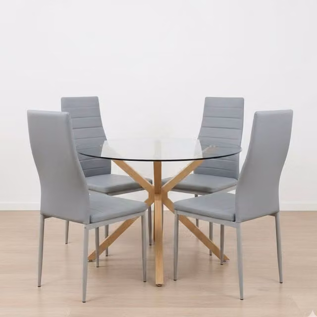 Kosy Koala Round Glass Dining Table Set with 4 Grey Faux Leather Chairs