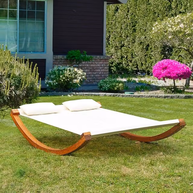 Outsunny White Wooden Outdoor Hammock Swing Sun Bed with Stand and Cushions