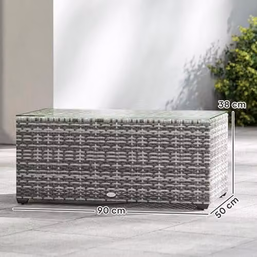 Outsunny Outdoor Rattan Coffee Table with Glass Top, Light Grey, W: 90 cm, D: 50 cm, H: 38 cm – 5