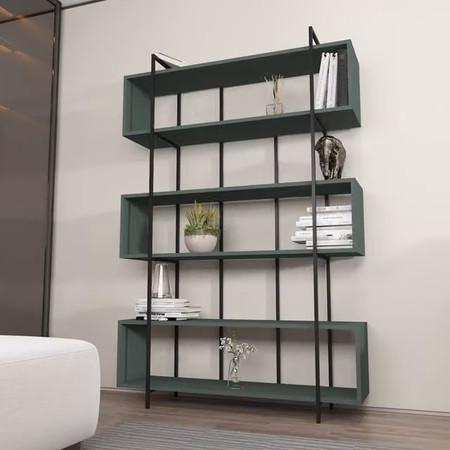 Bruti 6-Tier Industrial Geometric Bookshelf in Black and Green