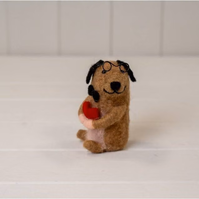 KDMD Sausage Dog Holding Heart Tabletop Ornament in Brown
