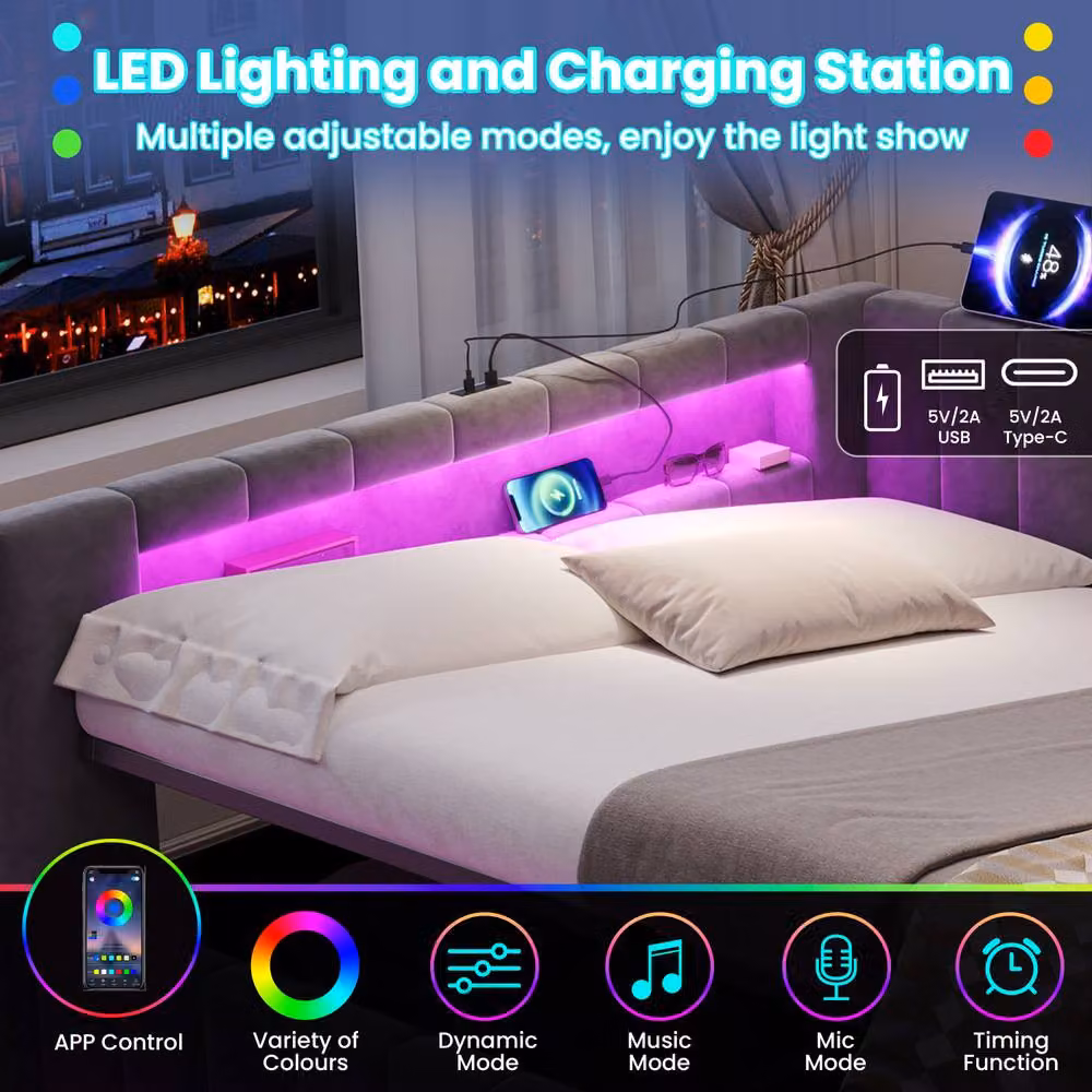 Rolipo Double Velvet Ottoman Bed in Grey with RGB LED Lighting and USB Charging Port, W/D/H: 140 x 200 cm – 5