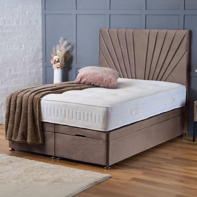 BSSPOKE Maria Ottoman Divan Bed in Beige Plush Velvet with 54 inch Headboard, W/D/H: 180 x 200 cm