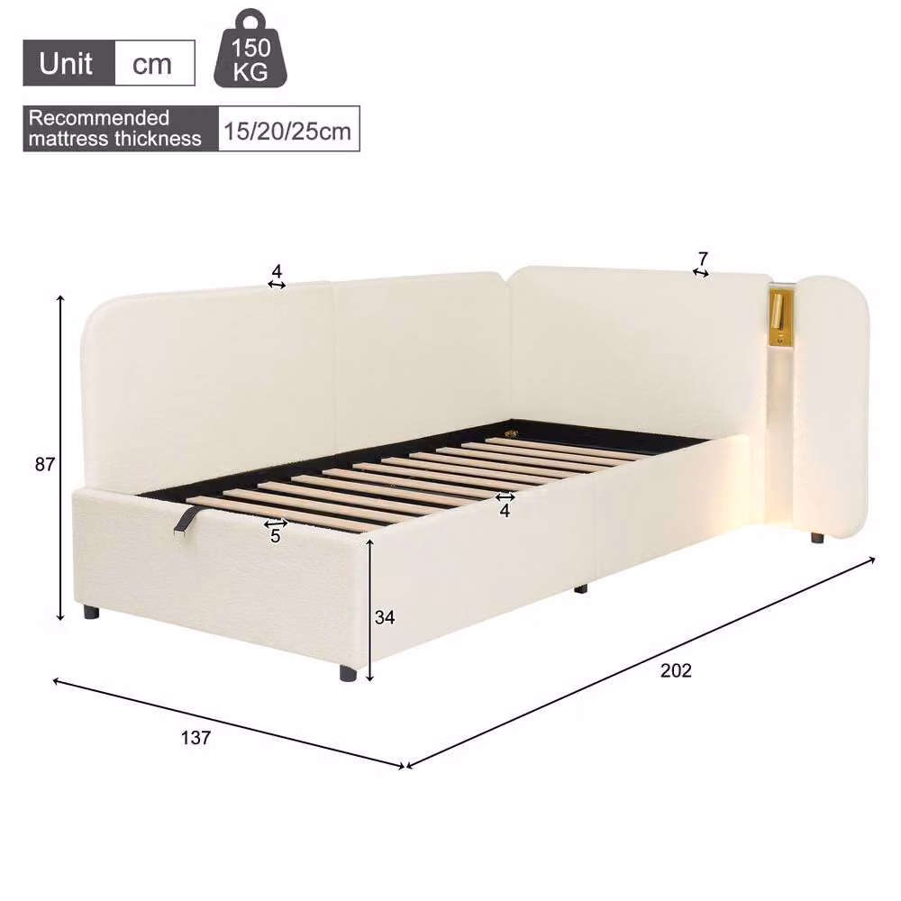 STILVORA Modern Upholstered Single Bed Frame with Lift Up Storage, Integrated Reading Light and USB Charging Port, Beige Bouclé, W/D/H: 90 x 190 x 136 cm – 2