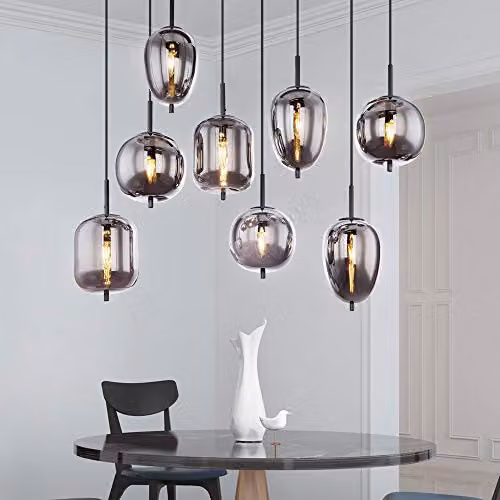 Globo Lighting Blacky Cluster Pendant Ceiling Light in Black with Glass Shade and 8x E14 Sockets, Height Adjustable – 3