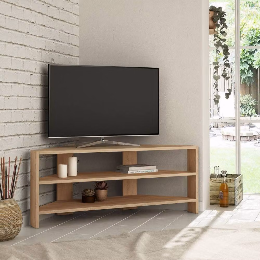 CALICOSY Thales Corner TV Unit with 3 Shelves in Brown Wood, W: 114 cm, H: 45 cm, D: 36 cm – 2