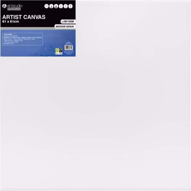 Artstudio Plain Stretched Cotton Canvas in White, W: 61 cm x H: 61 cm