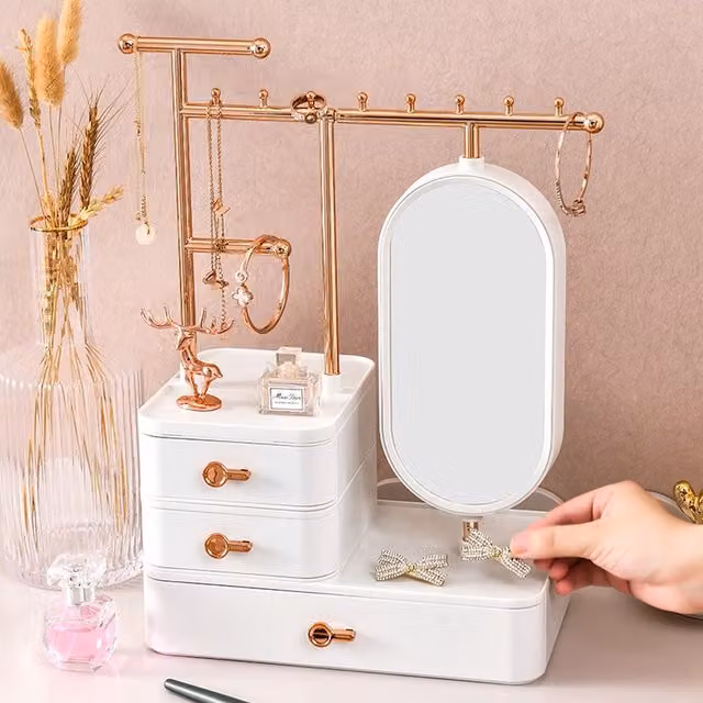 Livingandhome White Luxury Mirror Jewellery Organiser Box with Plastic Hanging Rod