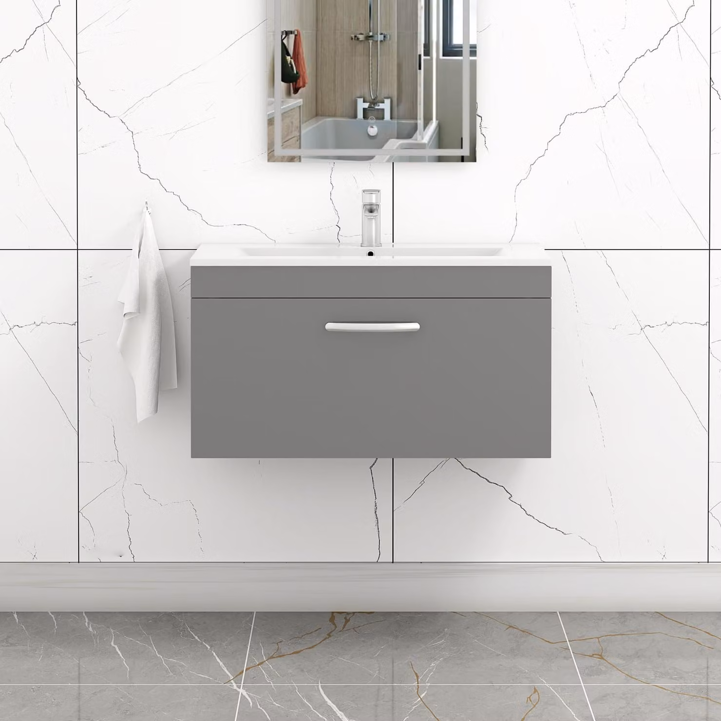 Royal Bathrooms Turin 800mm Wall Hung Vanity Sink Unit with 1 Drawer in Indigo Grey Gloss