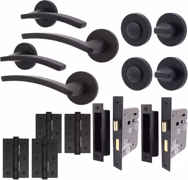 AFIT Matt Black Aluminium Bathroom Door Handle and Hinge Set, 2 Pack