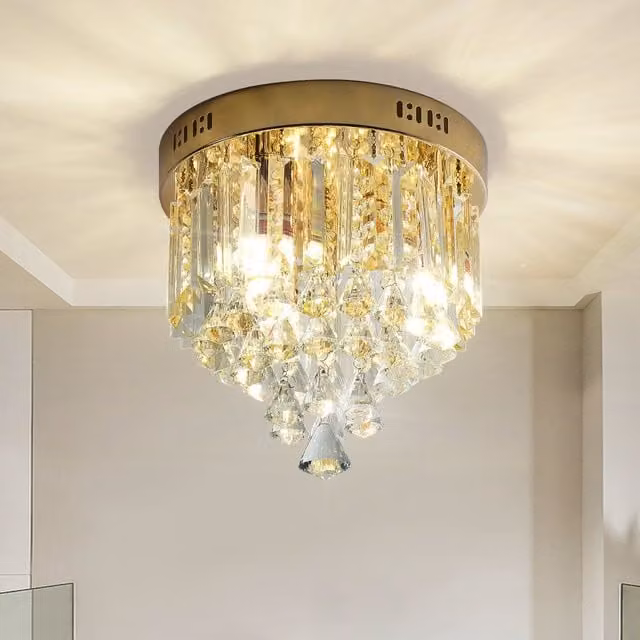 Garwarm 3-Light Crystal Dimmable Flush Mount Ceiling Light in Gold/Brass, Diameter: 28 cm