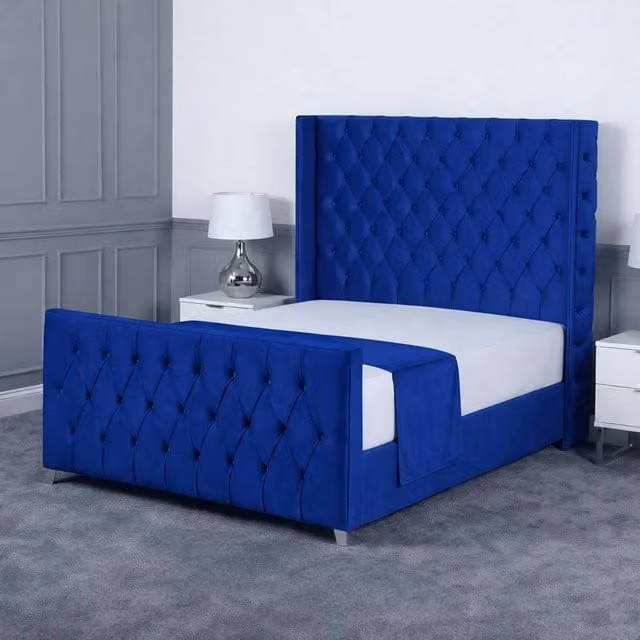 Living Comfort Bedz Seraphina Single Plush Velvet Upholstered Bed with Slatted Base in Blue, W/D/H: 90 x 190 cm