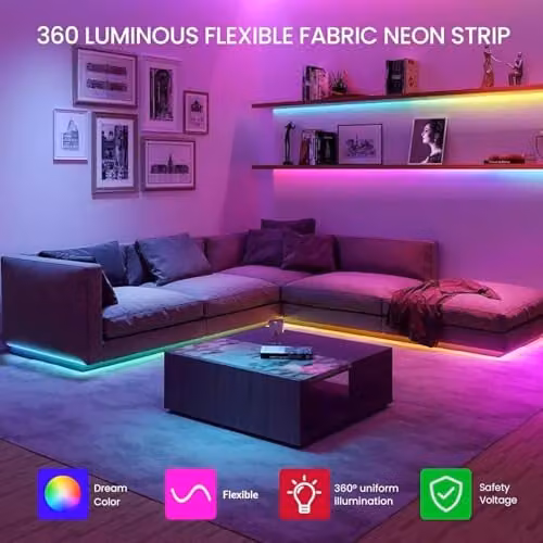 ENERJ RGBIC Neon Rope Light, 5m Multicolour Waterproof IP65 LED Strip, 50W 5000LM Smart Lighting with App, Remote Control and Music Sync – 3